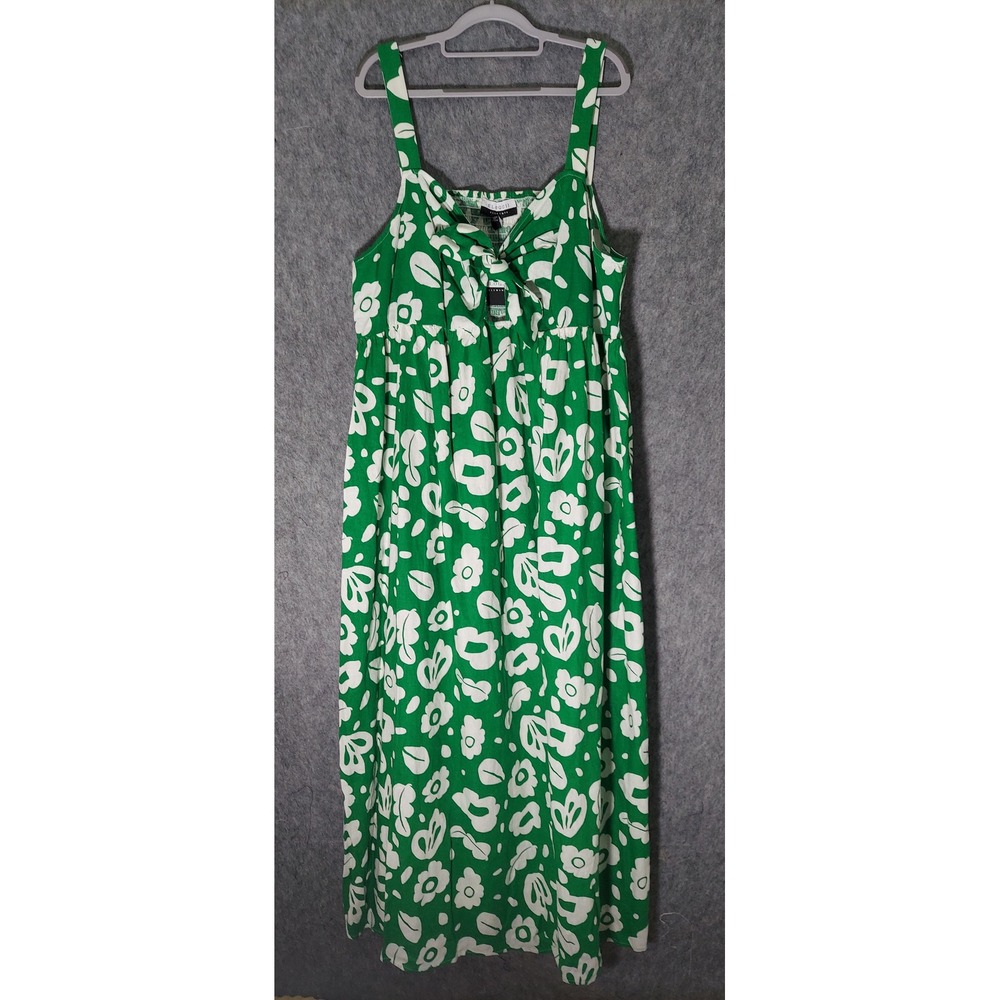 Eloquii Linen Maxi Dress Plus 20 Green Floral Cottagecore Tie Front Smocked